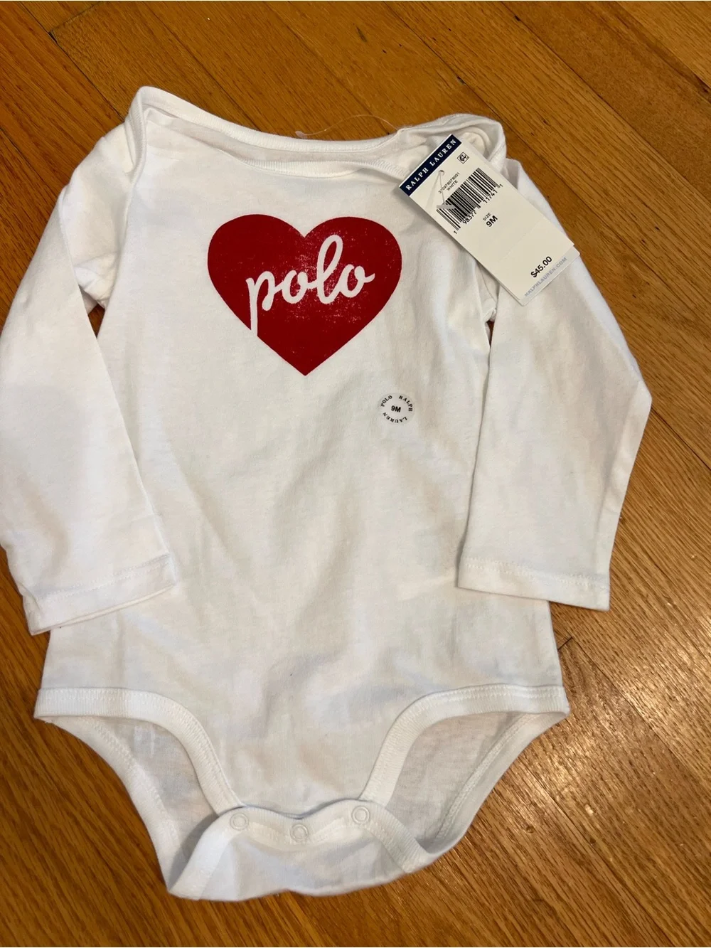 Ralph Lauren White Long-Sleeve One-Piece onesie with Red Heart